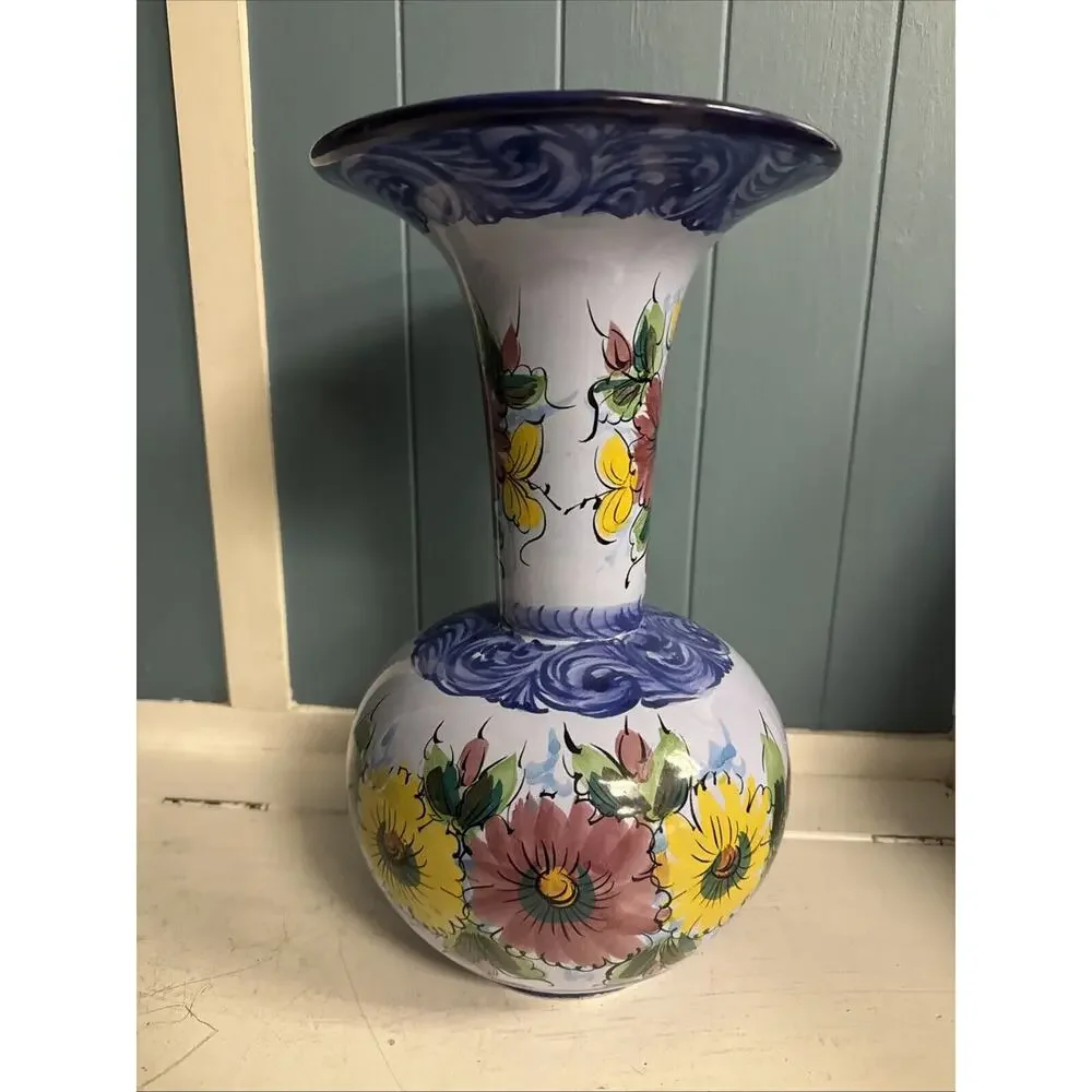 Vintage Alcobaca Portuguese Hand-painted Blue Floral Pottery Vase Large 16” Tall